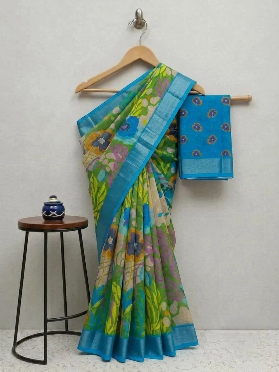 Apple Green Handloom Linen Cotton Saree